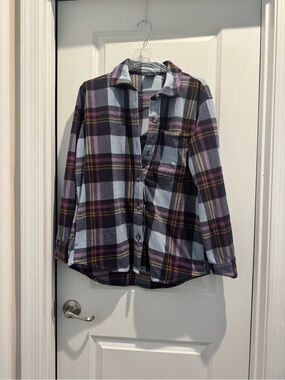 Eddie Bauer Plaid Button-Down Shirt in Light Blue, Purple, and Brown size small